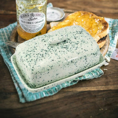 Butter Dish with Speckle Green Glaze