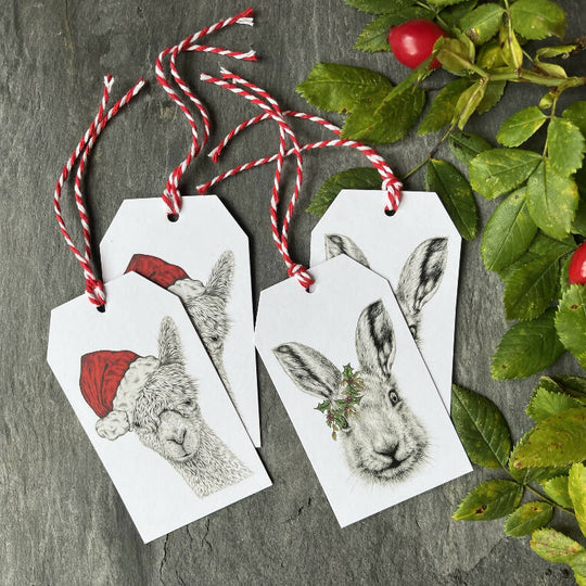 Festive Alpaca and Hare Hand-Finished Christmas Gift Tags - Set of 4
