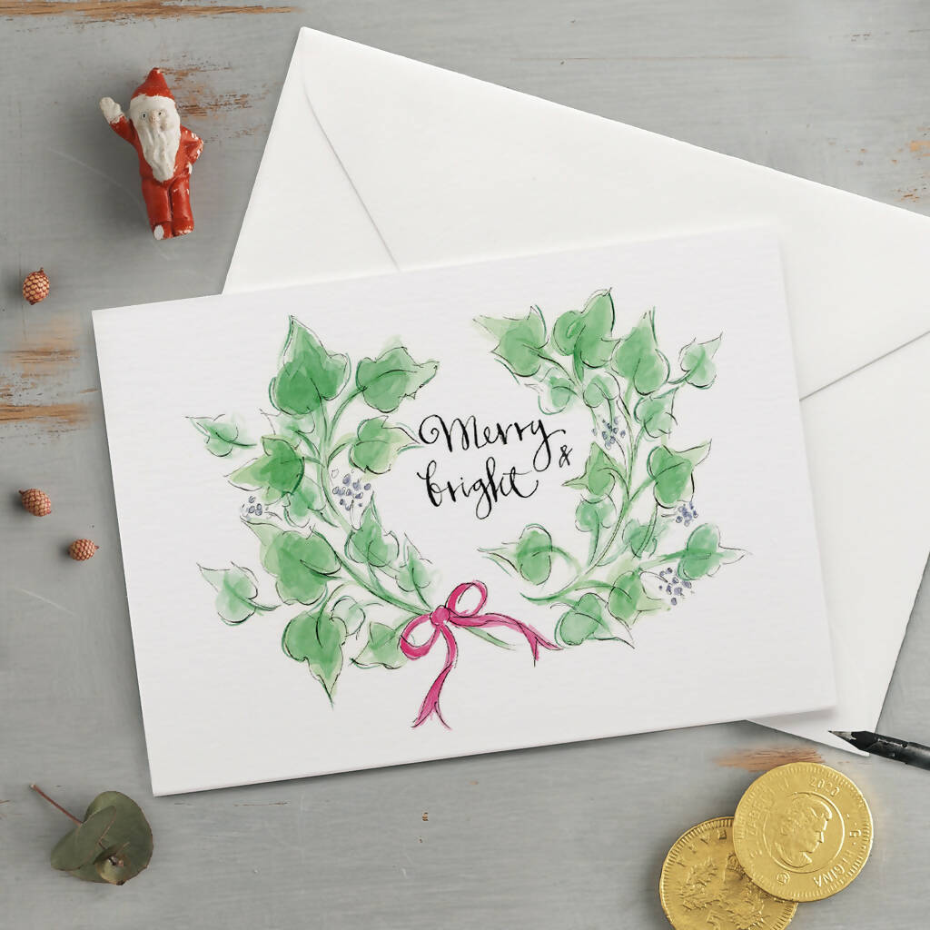 'Merry & Bright' Ivy Wreath Christmas Card