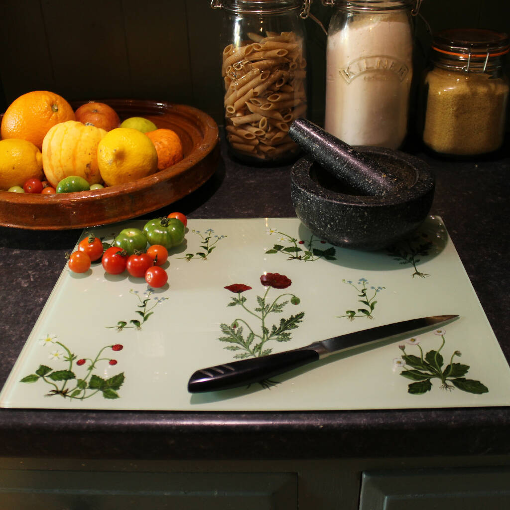 Glass Chopping Board/Worktop Saver in Botanicals