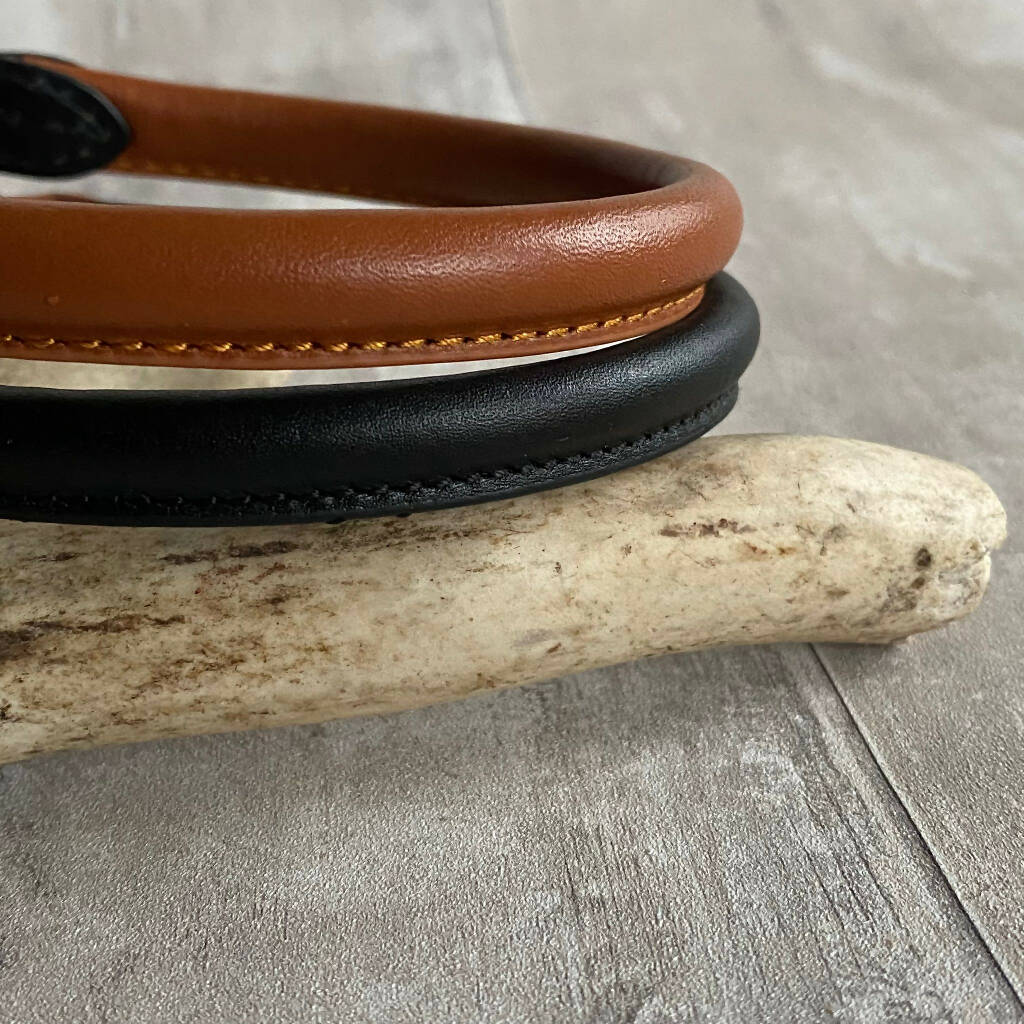 Rolled Leather Dog Collar Black with Tan