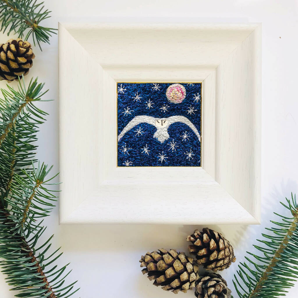 Silver Starlight Embroidered Artwork with White Owl and Stars