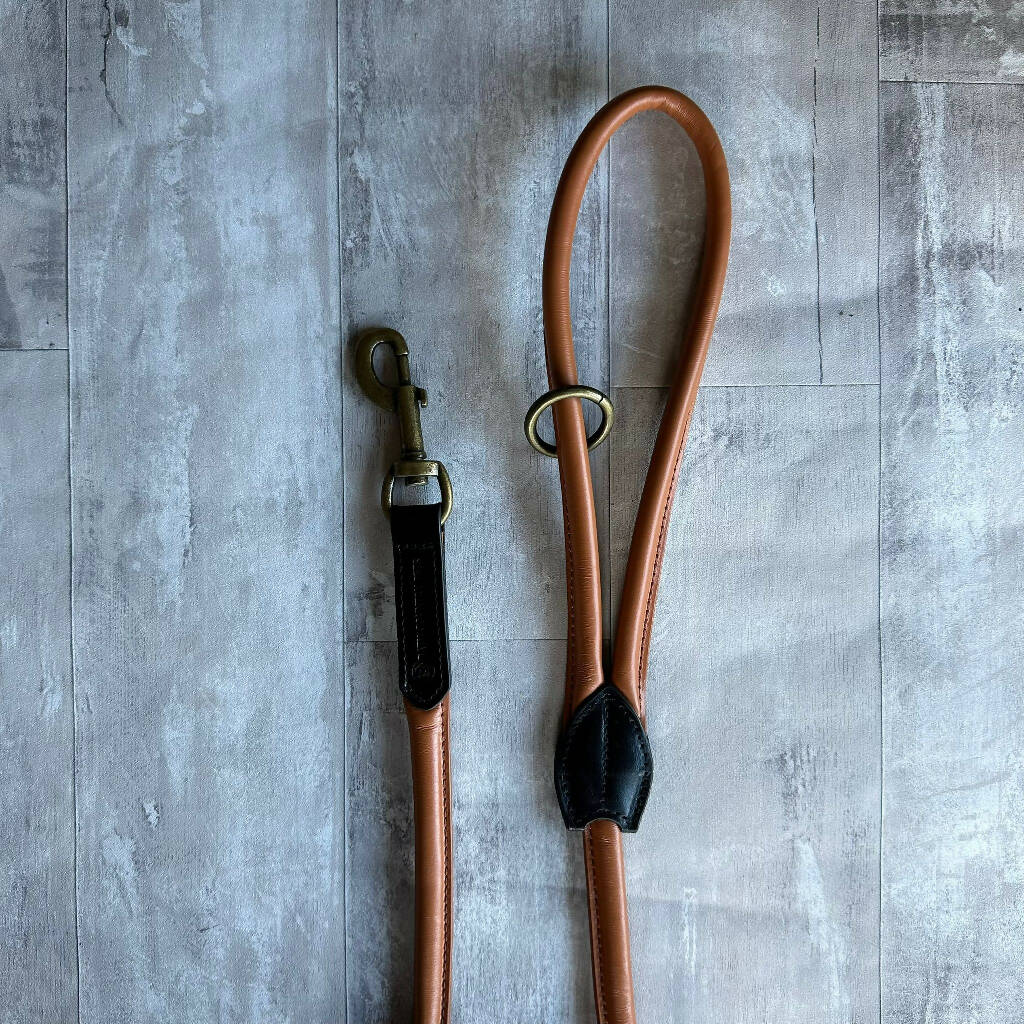 Rolled Leather Dog Lead Black with Tan