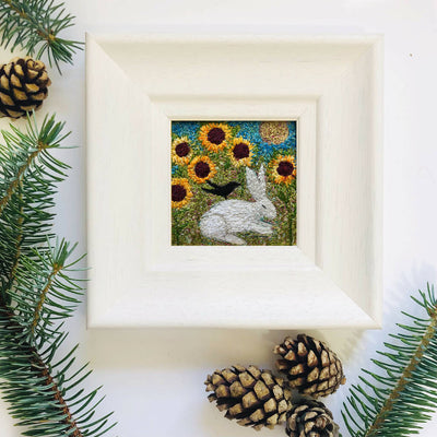Sunflower Moon Embroidered Framed Artwork White Hare, Blackbird and sunflowers