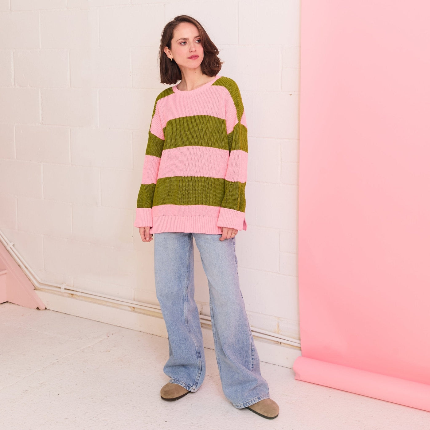 Rhiannon Recycled Cotton Mix Chunky Stripe Jumper - Pink and Green