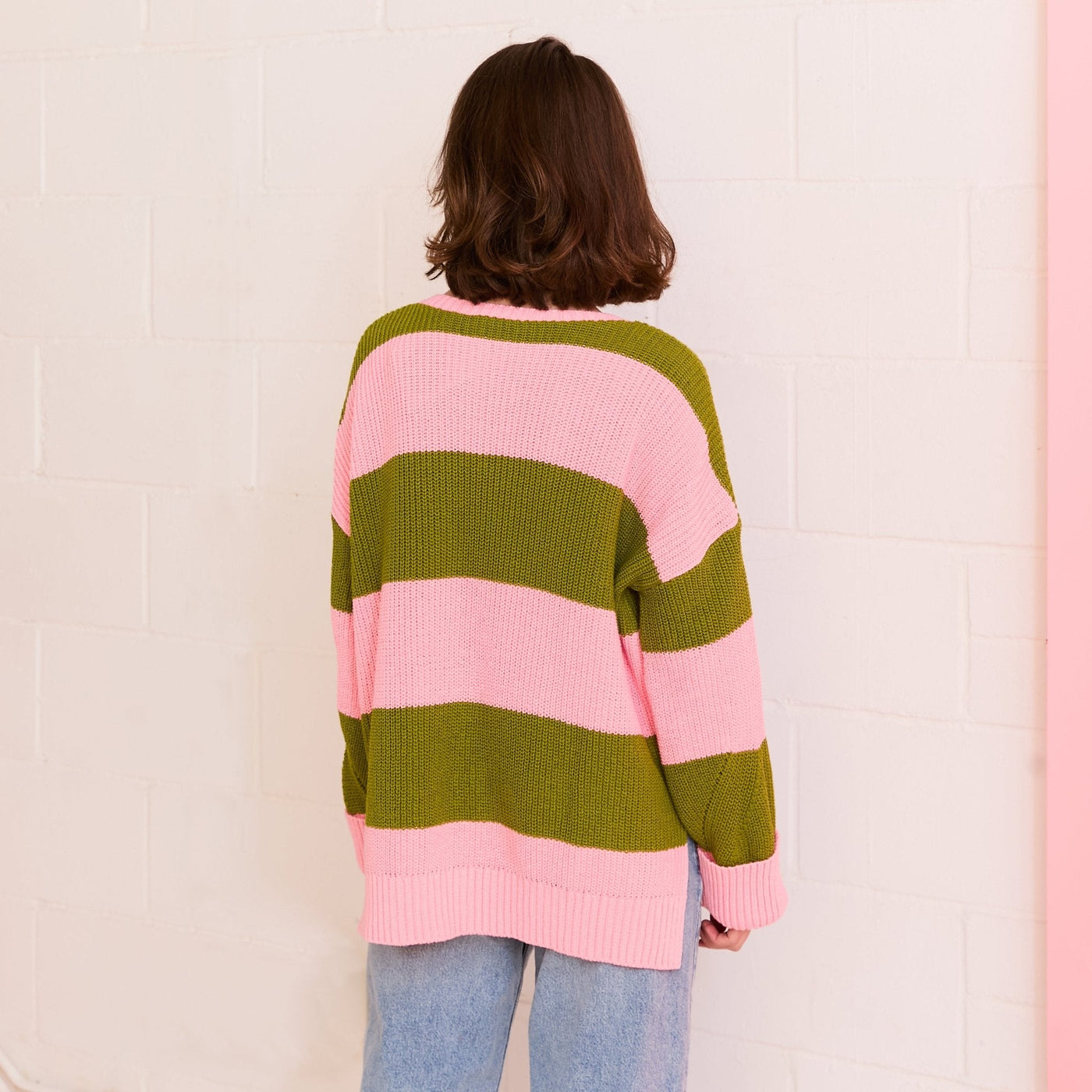 Rhiannon Recycled Cotton Mix Chunky Stripe Jumper - Pink and Green