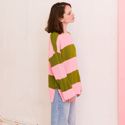 Rhiannon Recycled Cotton Mix Chunky Stripe Jumper - Pink and Green