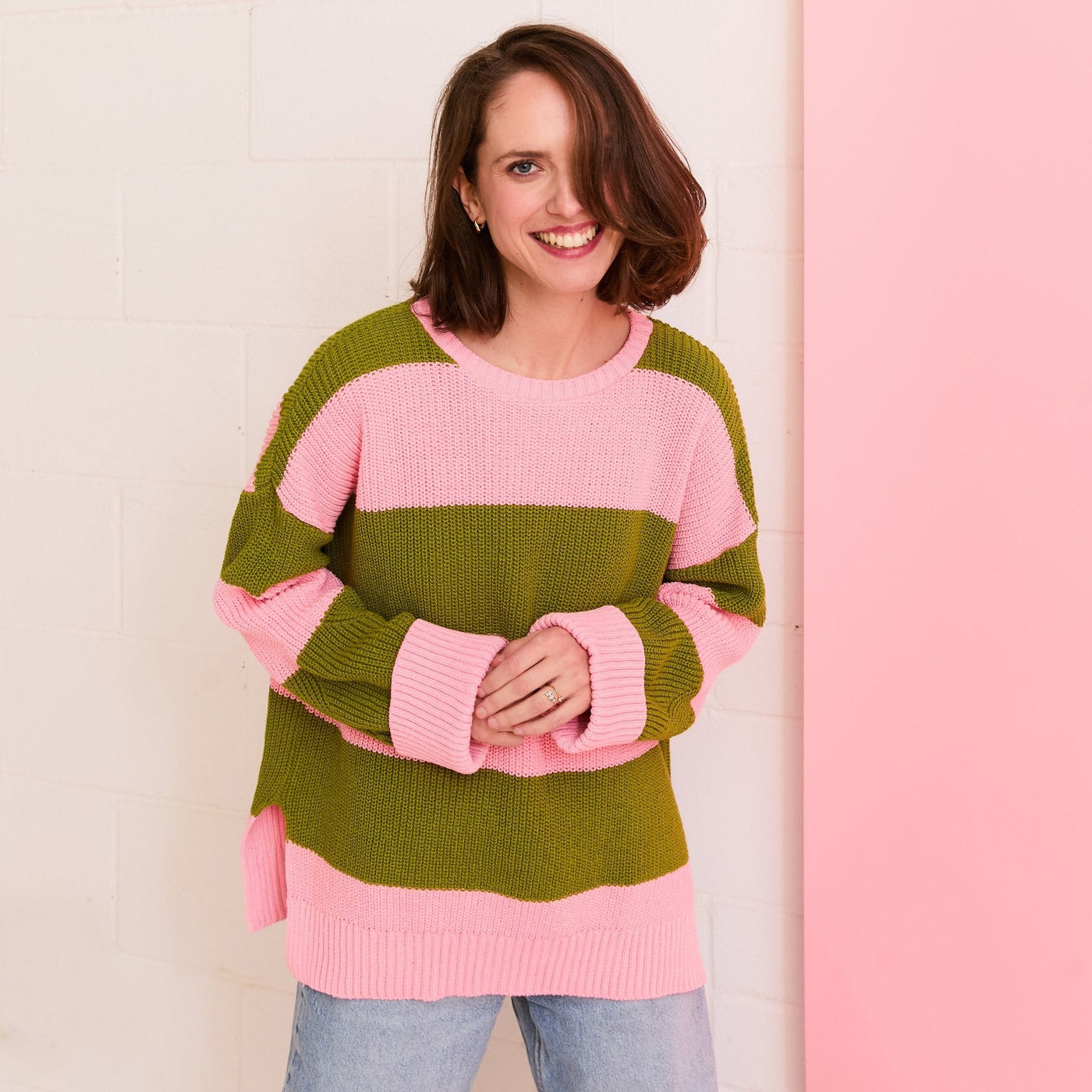 Rhiannon Recycled Cotton Mix Chunky Stripe Jumper - Pink and Green