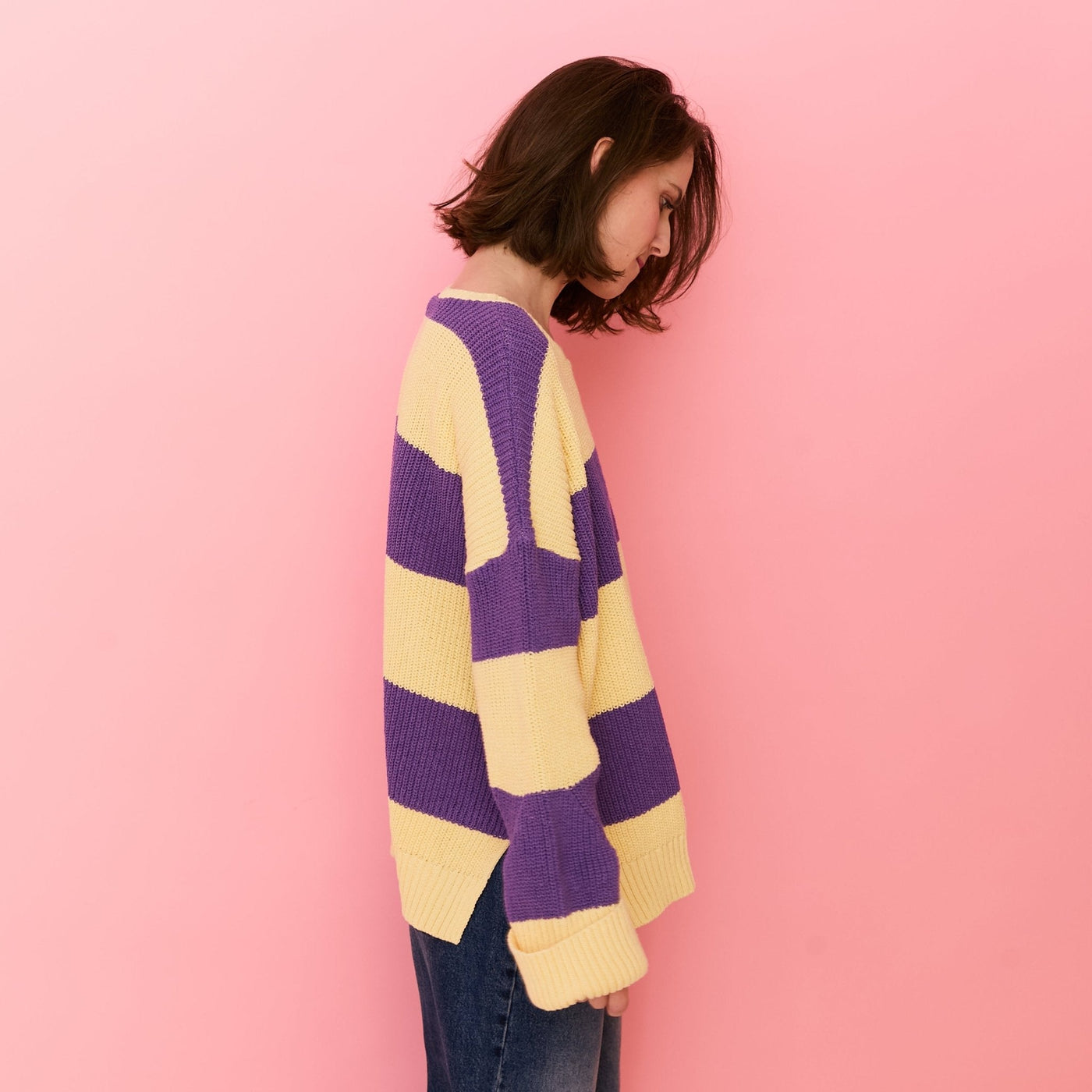 Rhiannon Recycled Cotton Mix Chunky Stripe Jumper - Purple and Yellow