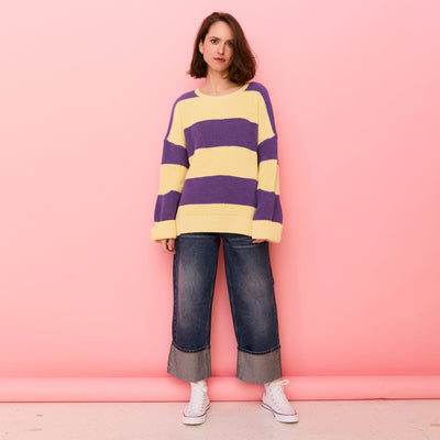 Rhiannon Recycled Cotton Mix Chunky Stripe Jumper - Purple and Yellow