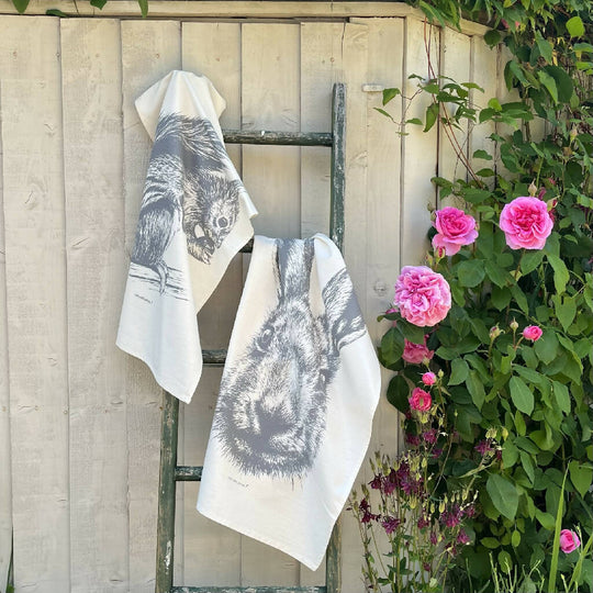 Set of Two Natural Cotton Tea Towels ~ Hare and Red Squirrel