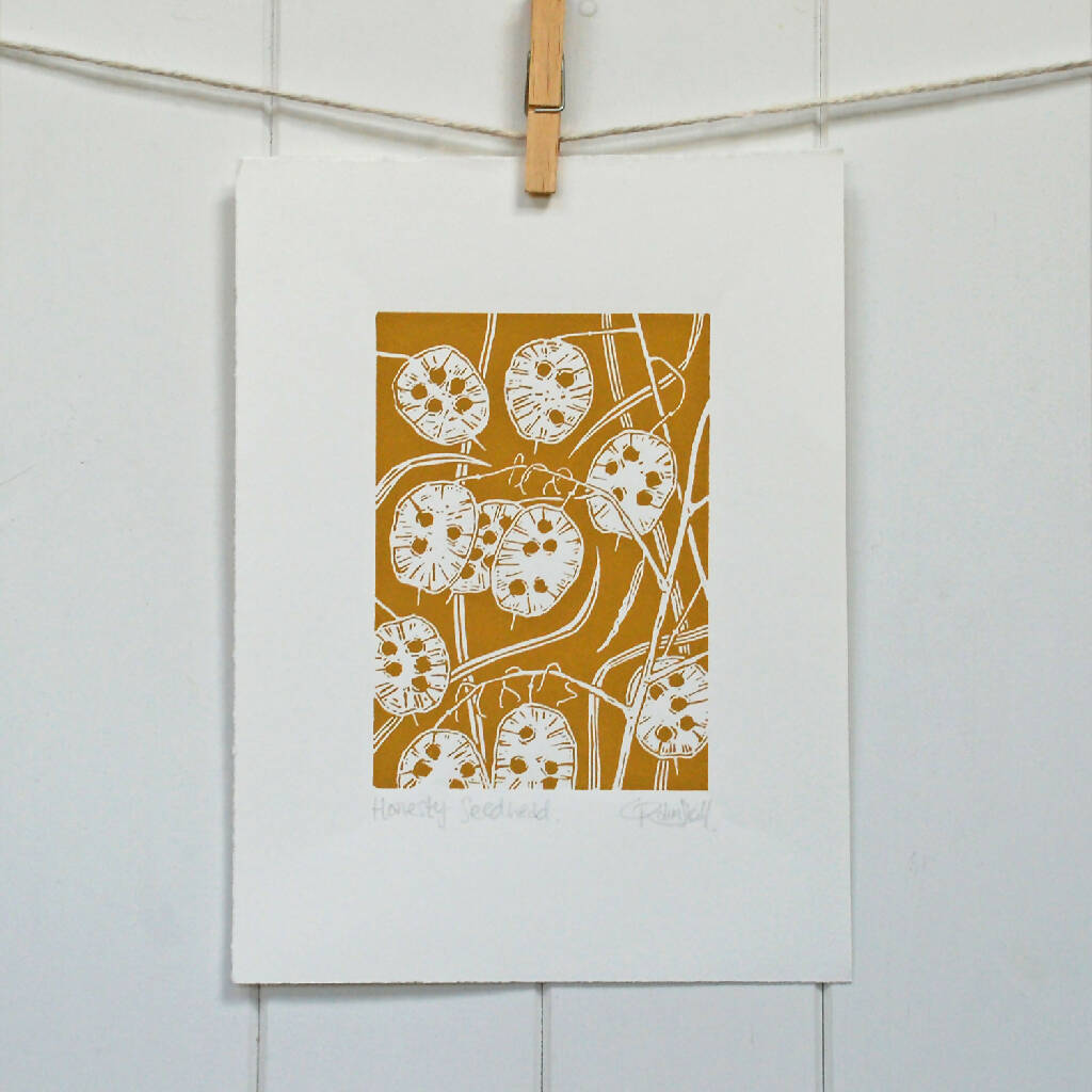 Honesty Seedhead in Teal Blue - Open Ended Edition - Original Linocut Print