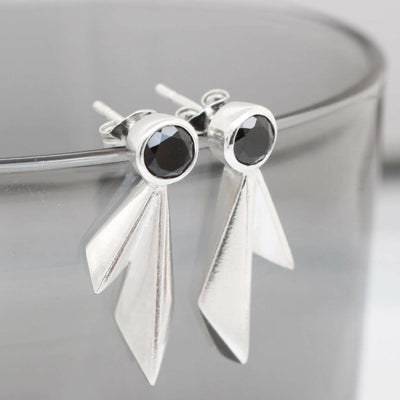 Double Kite Stud Earrings in Solid Sterling Silver with Black Spinel Gemstones