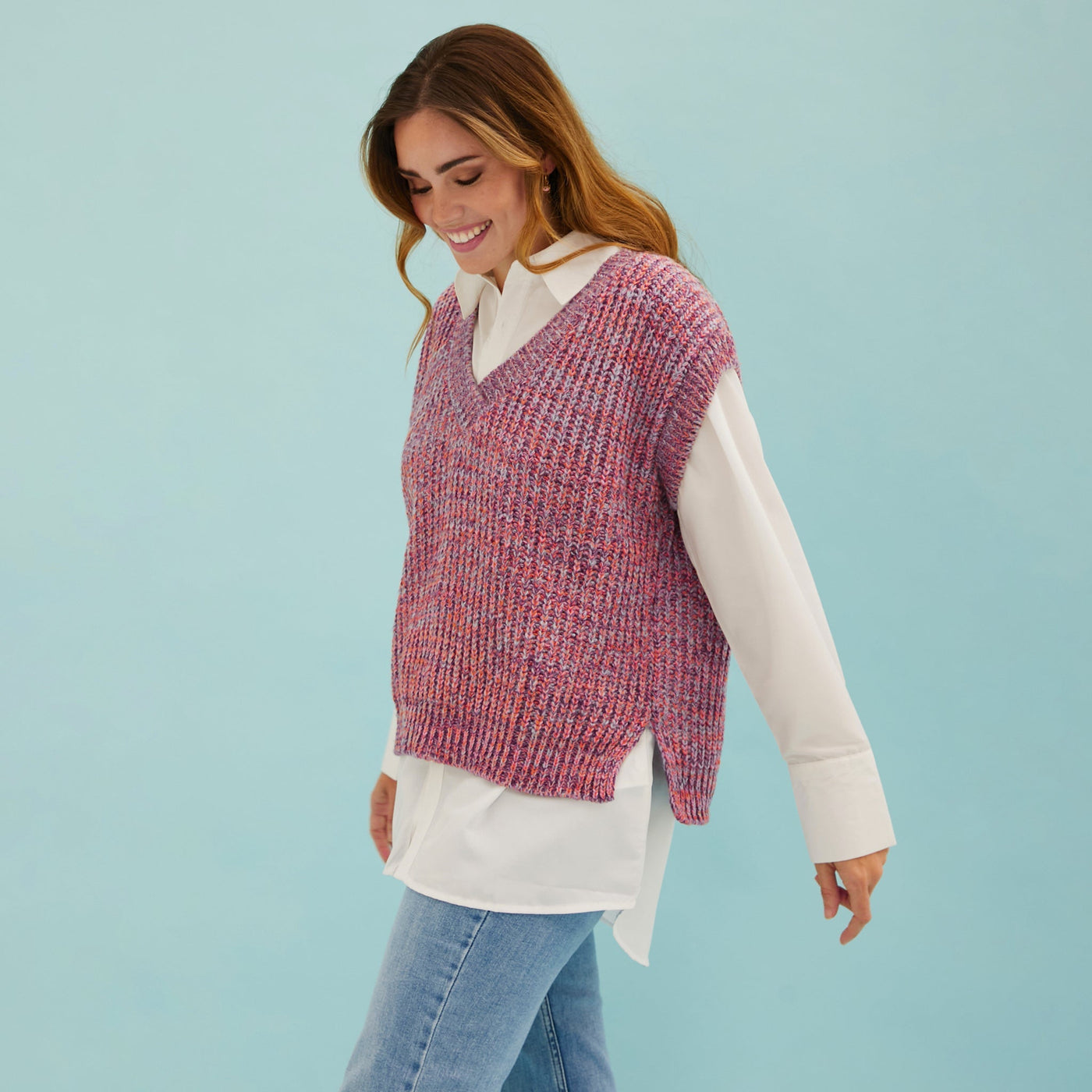 Sara V Neck Twist Knitted Vest - Multi Coloured