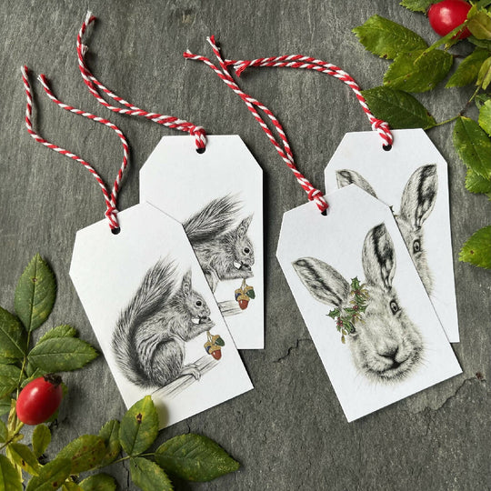 Festive Hare and Red Squirrel Hand-Finished Christmas Gift Tags - Set of 4