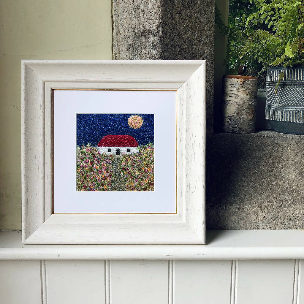 The Fade in Time Framed Embroidered Artwork1 Moonlit Highland Crofthouse And Garden