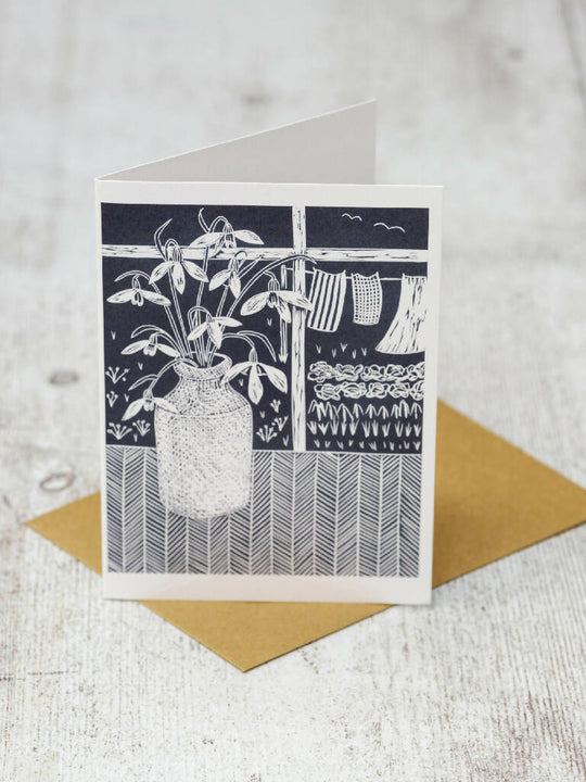 Snowdrops by the Window A6 Lino Print Greeting Card
