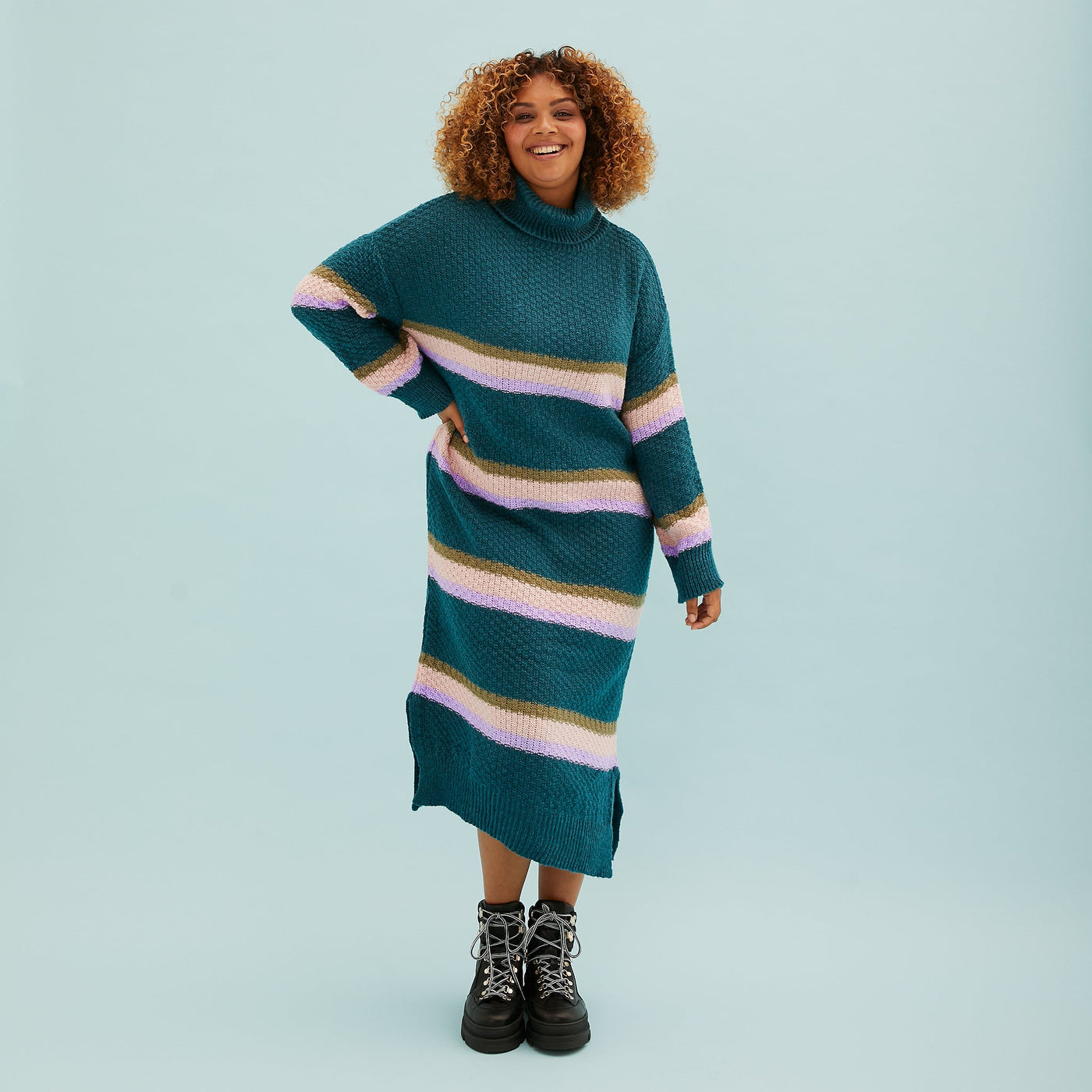 Tanya Roll Neck Stripe Knitted Midi Dress - Teal