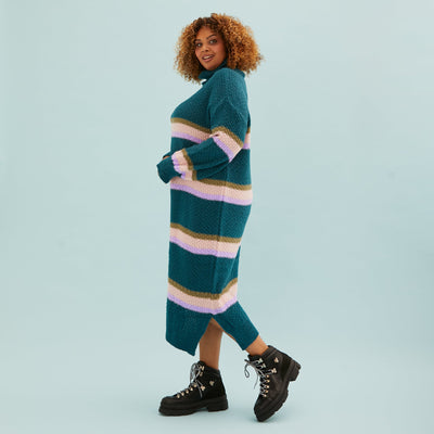 Tanya Roll Neck Stripe Knitted Midi Dress - Teal