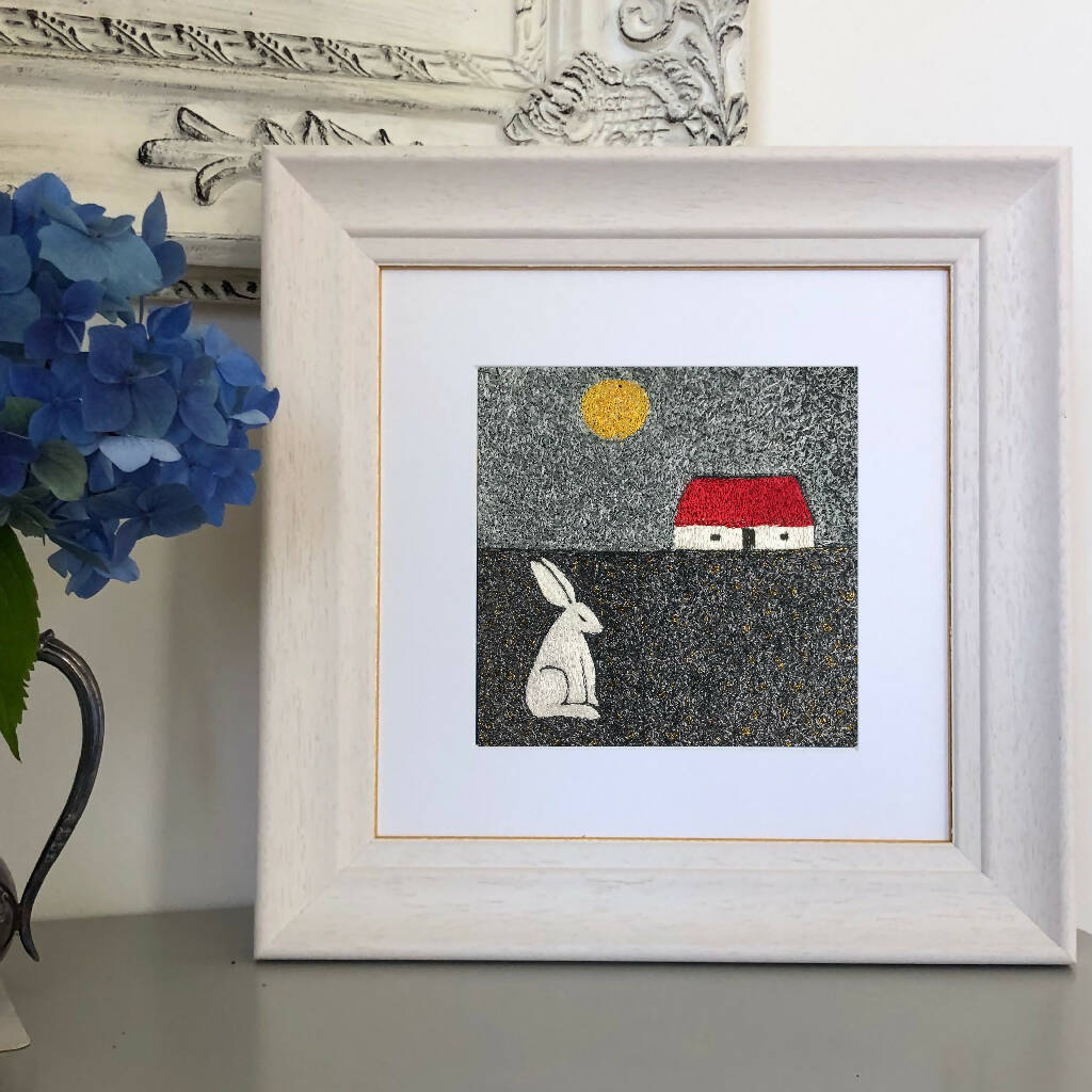 Midwinter Framed Embroidered Artwork With White Hare And Crofthouse