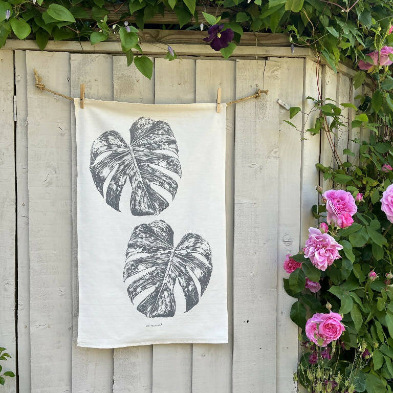Set of Two Natural Cotton Tea Towels ~ Daisy and Monstera