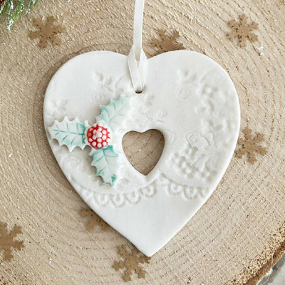 Porcelain Holly Heart Decoration