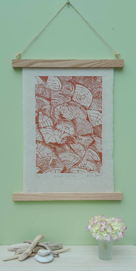 'Autumn Logpile' Linocut Print on Handmade Paper, in Terracotta