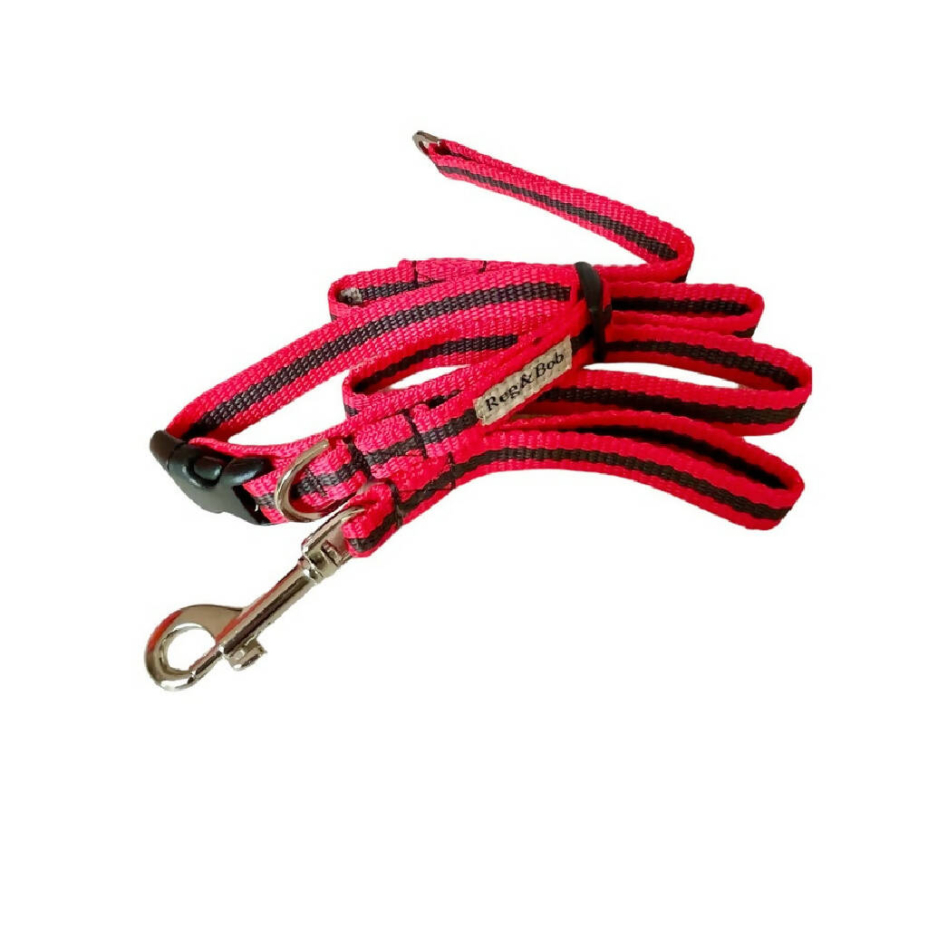 Dog Collar & Lead Set In Red And Brown Stripe