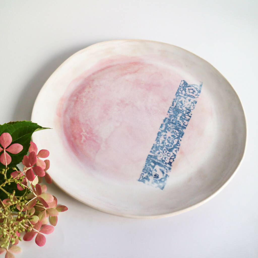 Stoneware Clay Plate In Pink Watercolour Design