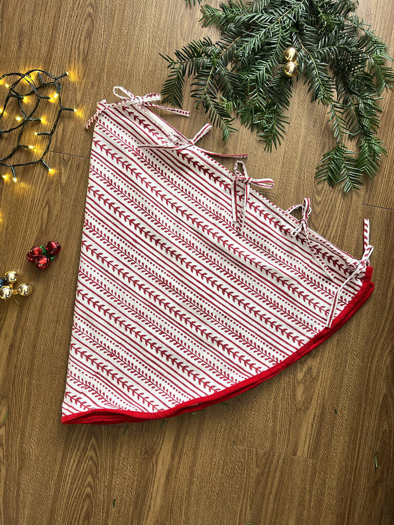Nordic Red Hand Block Printed Christmas Tree Skirt