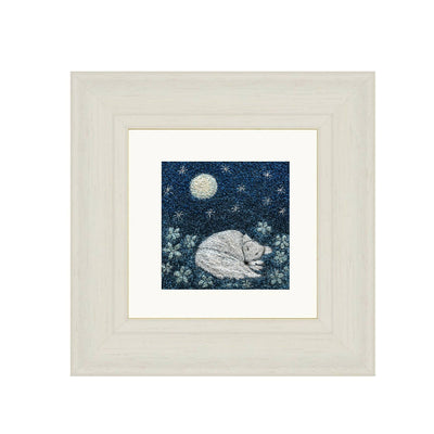 Moonflower Framed Embroidered Artwork with White Fox Moon And Flower Bed