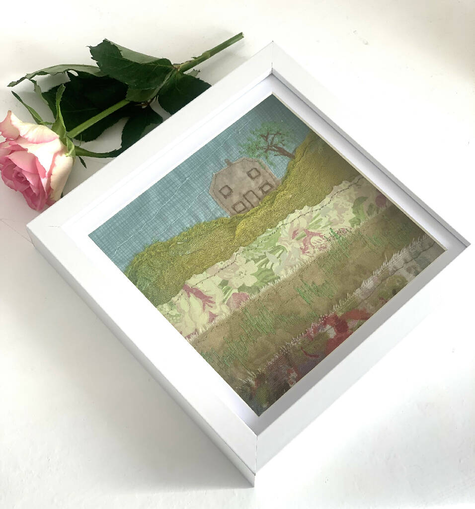 Mixed Media Artwork of a Countryside House Mounted in a Wooden Box Frame