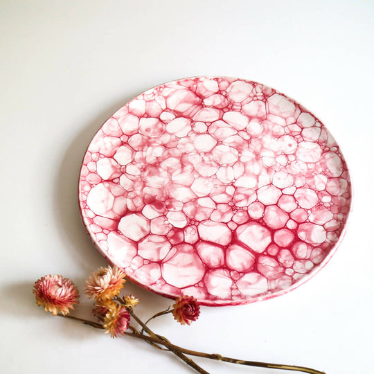 Stoneware Plate in Raspberry Bubble Design