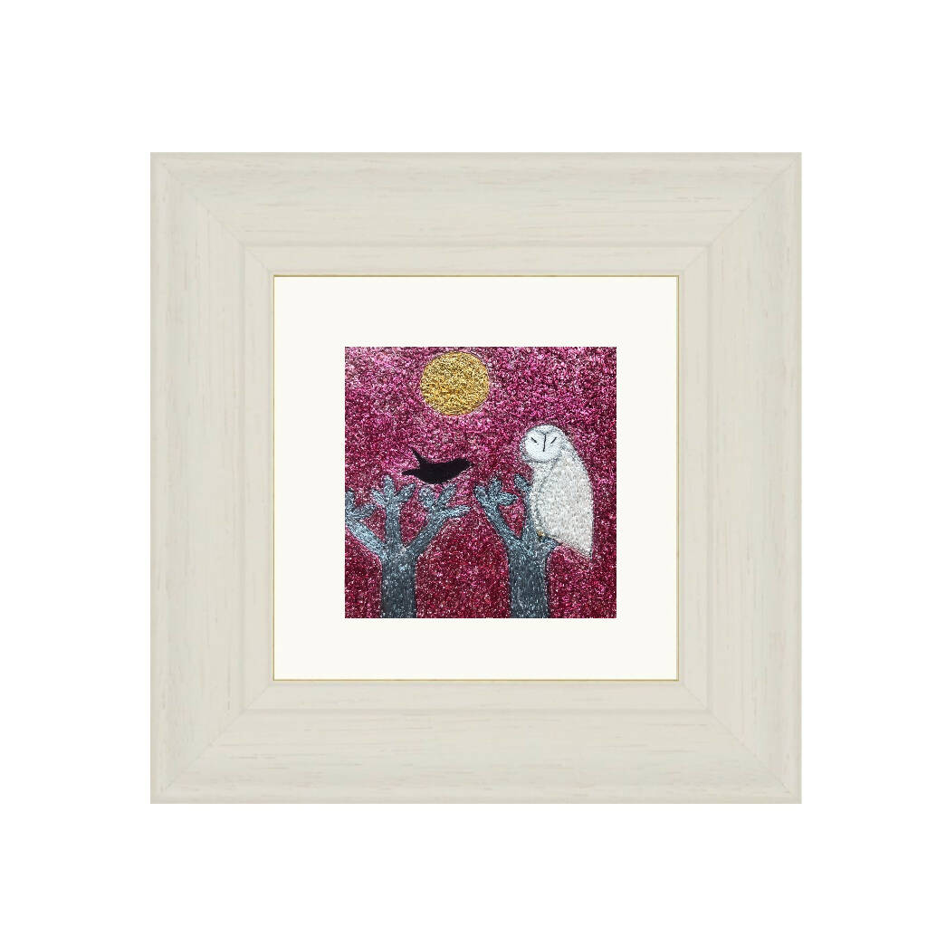 The Night Woods Framed Embroidered Artwork with White Owl and Black Bird