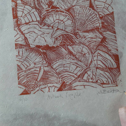 'Autumn Logpile' Linocut Print on Handmade Paper, in Terracotta