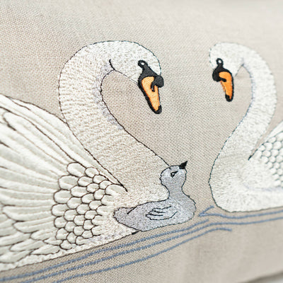 Embroidered Swan Family Cushion by Kate Sproston Design