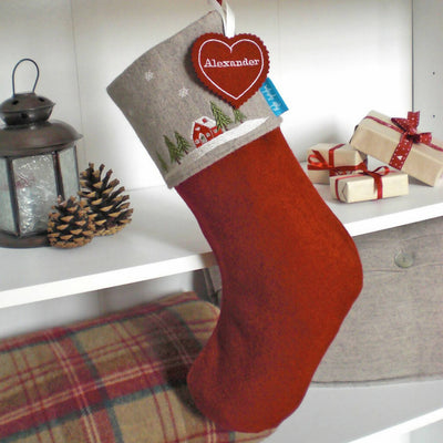 Winter Lodge Christmas Stocking with Tag