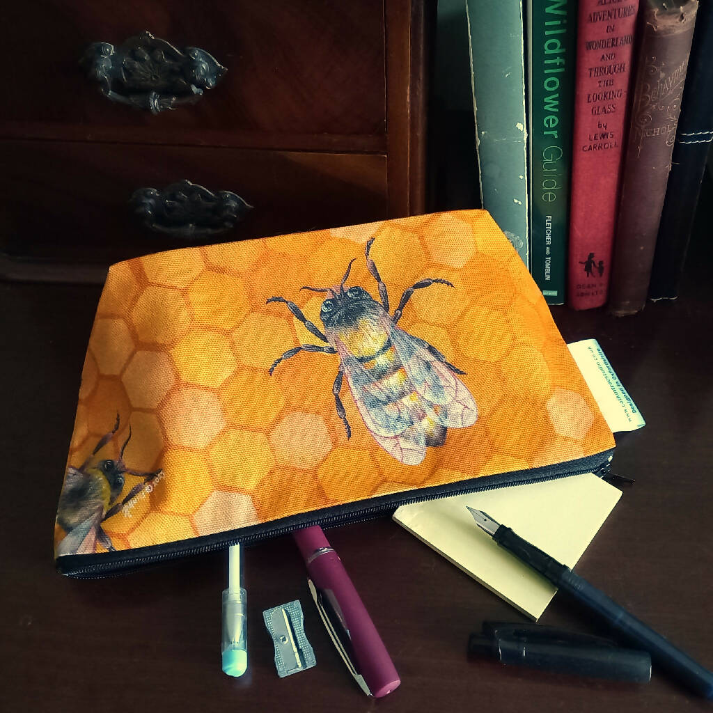 'Honeybees' Cotton Zip Pouch Wash Bag