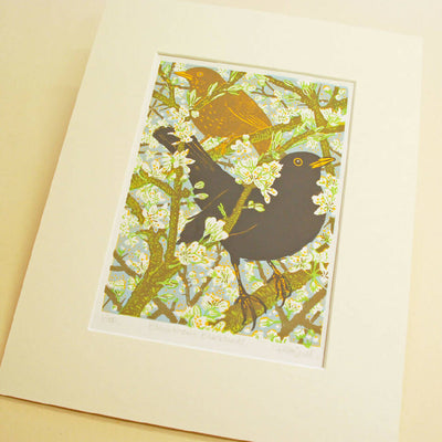 Blackthorn Blackbirds - Limited Edition - Original Linocut Print