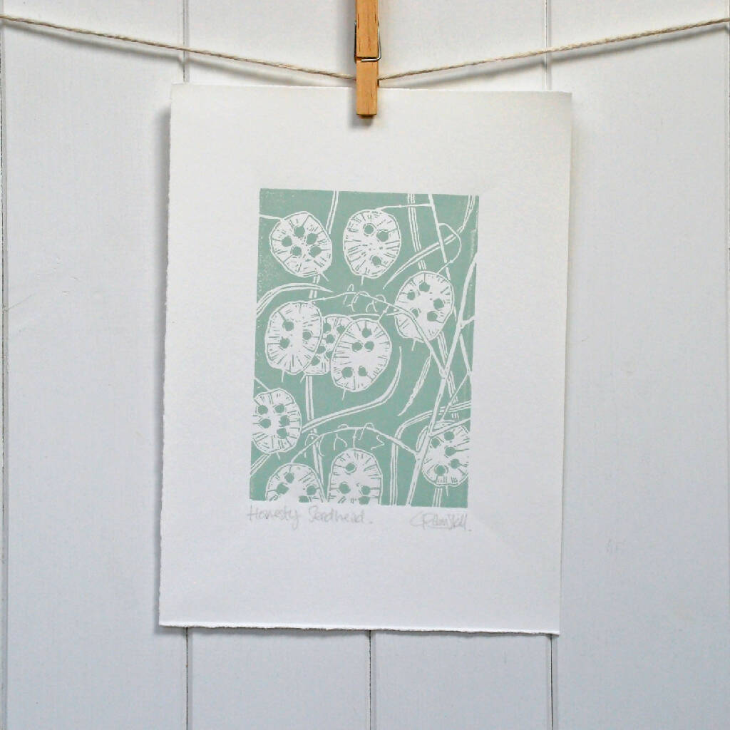 Honesty Seedhead in Teal Blue - Open Ended Edition - Original Linocut Print