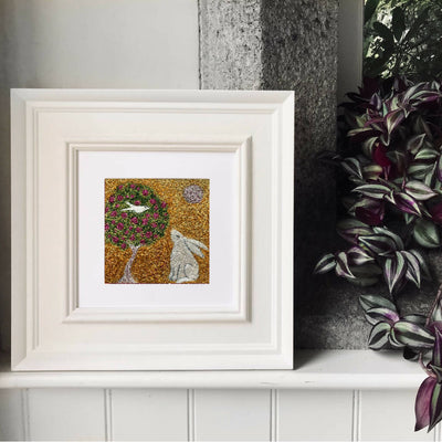 Night Garden Framed Embroidered Artwork With White Hare  Caladrius The Healing Bird And Rose Tree