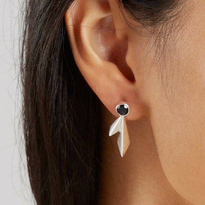 Double Kite Stud Earrings in Solid Sterling Silver with Black Spinel Gemstones