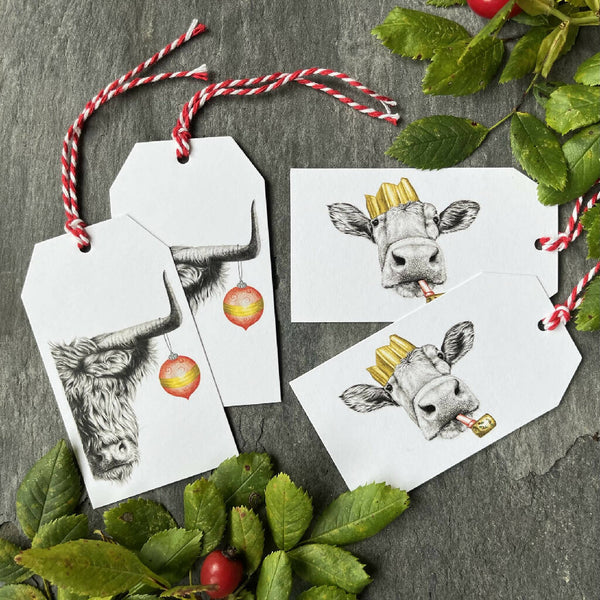 Festive Cows Hand-Finished Christmas Gift Tags - Set of 4