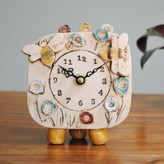 Small Handmade Clock with Pebble Feet in Bumble Bees and Meadow Design