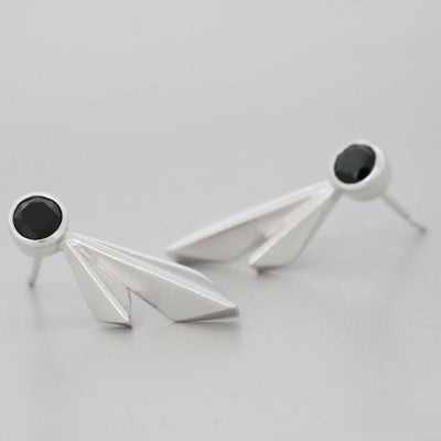 Double Kite Stud Earrings in Solid Sterling Silver with Black Spinel Gemstones