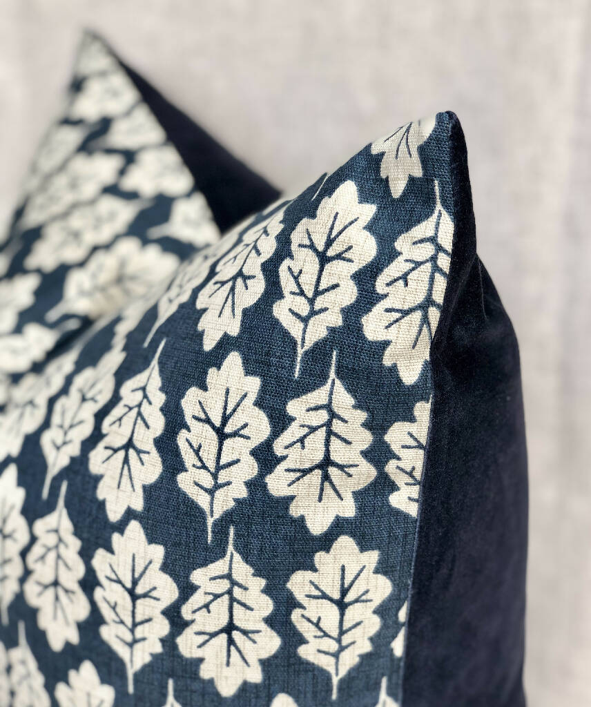Oak Leaf & Navy Velvet-Backed Cushion