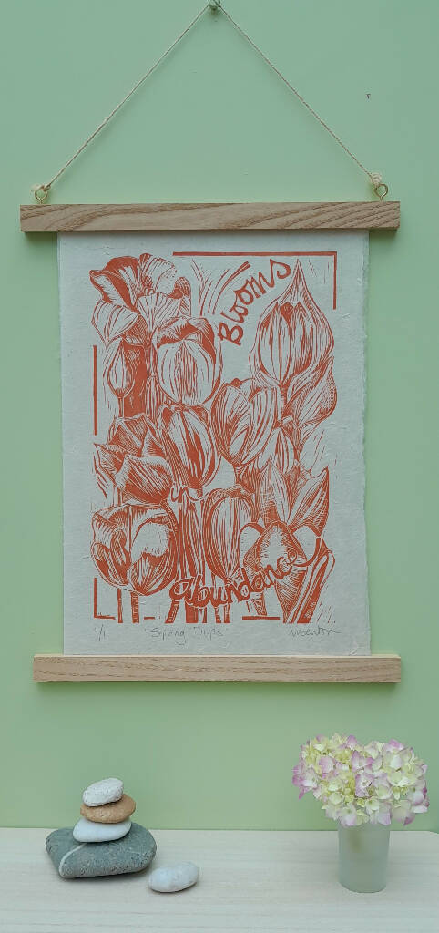 'Spring Tulips' Linocut Print on Handmade Paper, in Orange