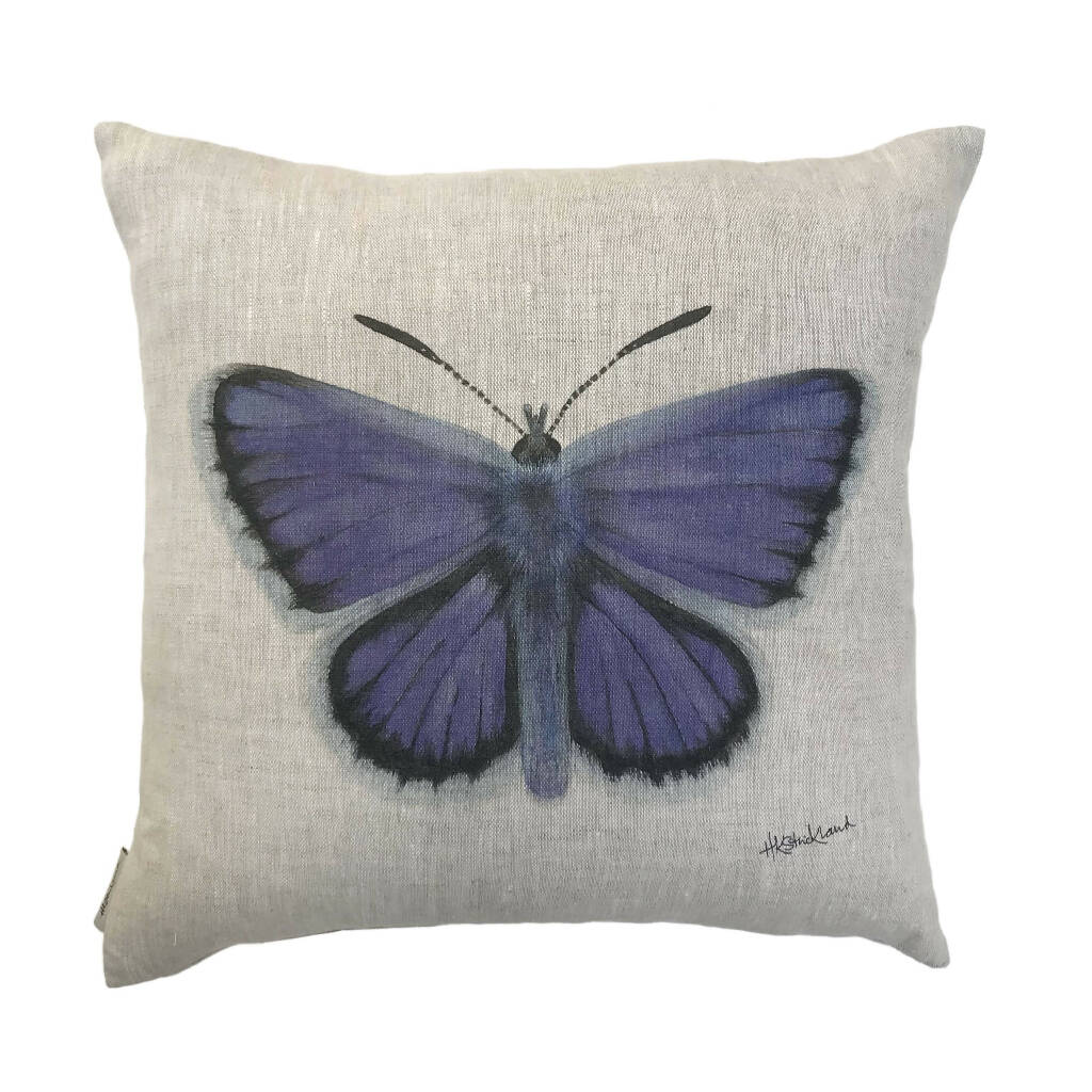 Linen Silver Studded Blue Butterfly Cushion