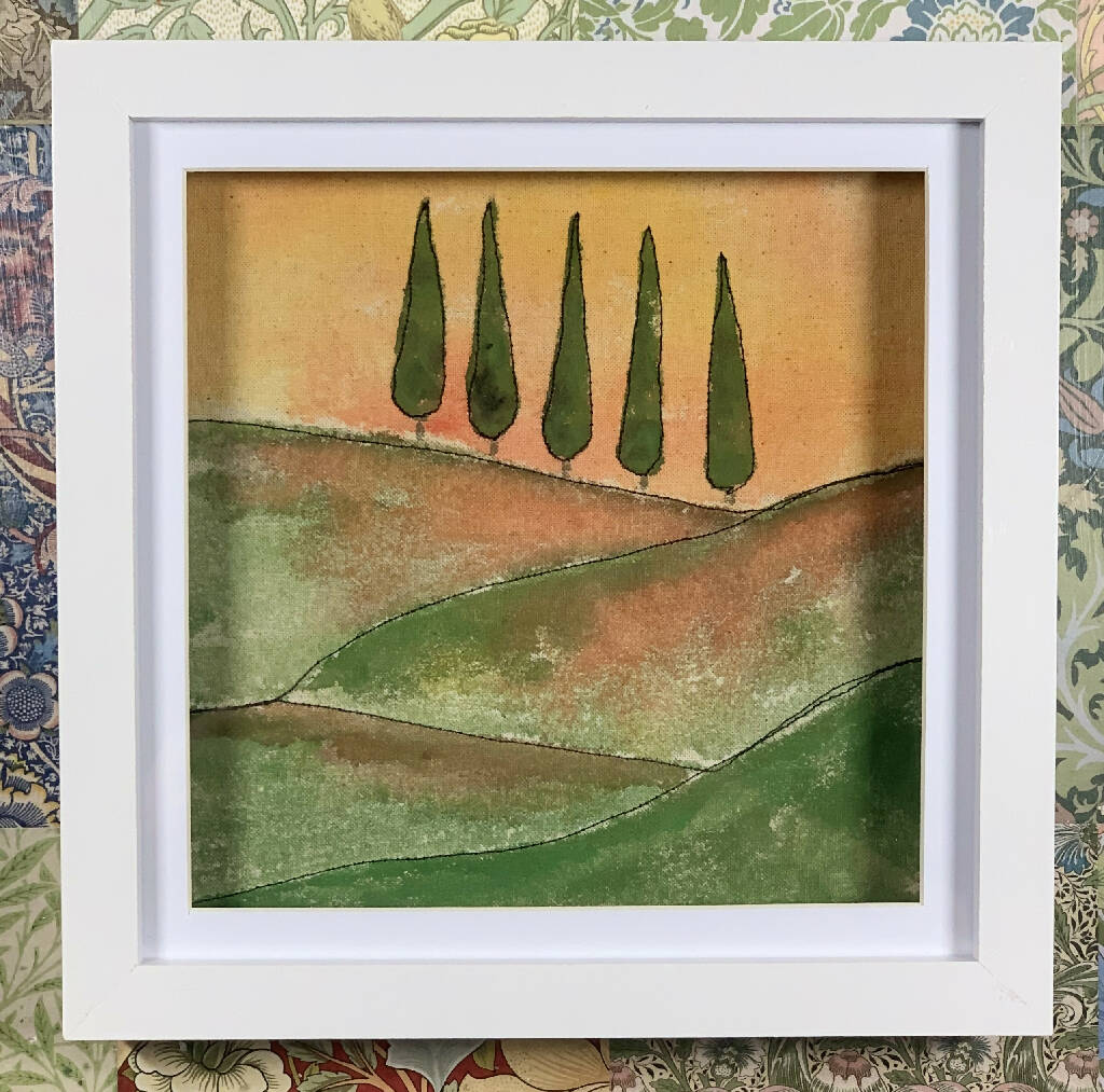Hand-Painted and Stitched View of the Tuscan Landscape in a Frame