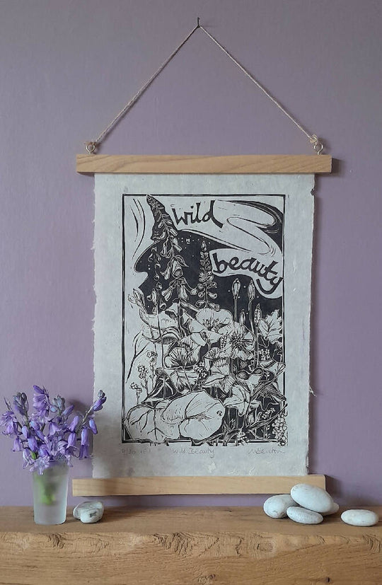 'Wild Beauty' Linocut Print on Handmade Paper, in Black